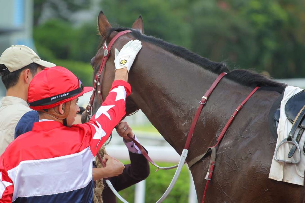 Joao Moreira gives Joyful Trinity a pat after his win on Sunday. Photo: Kenneth Chan