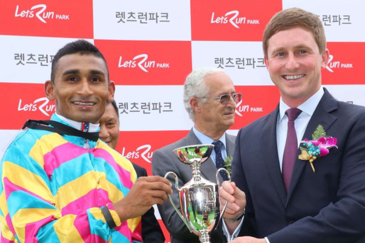 Karis Teetan collects the spoils after winning the Korea Sprint on Super Jockey. Photos: Lo Chun-kit
