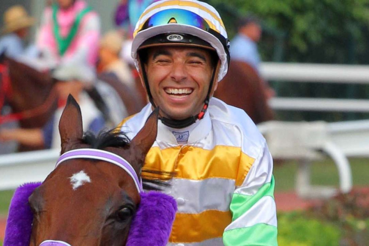 Joao Moreira can’t believe his luck after Lotus Breeze’s victory in the eighth race. Photos: Kenneth Chan