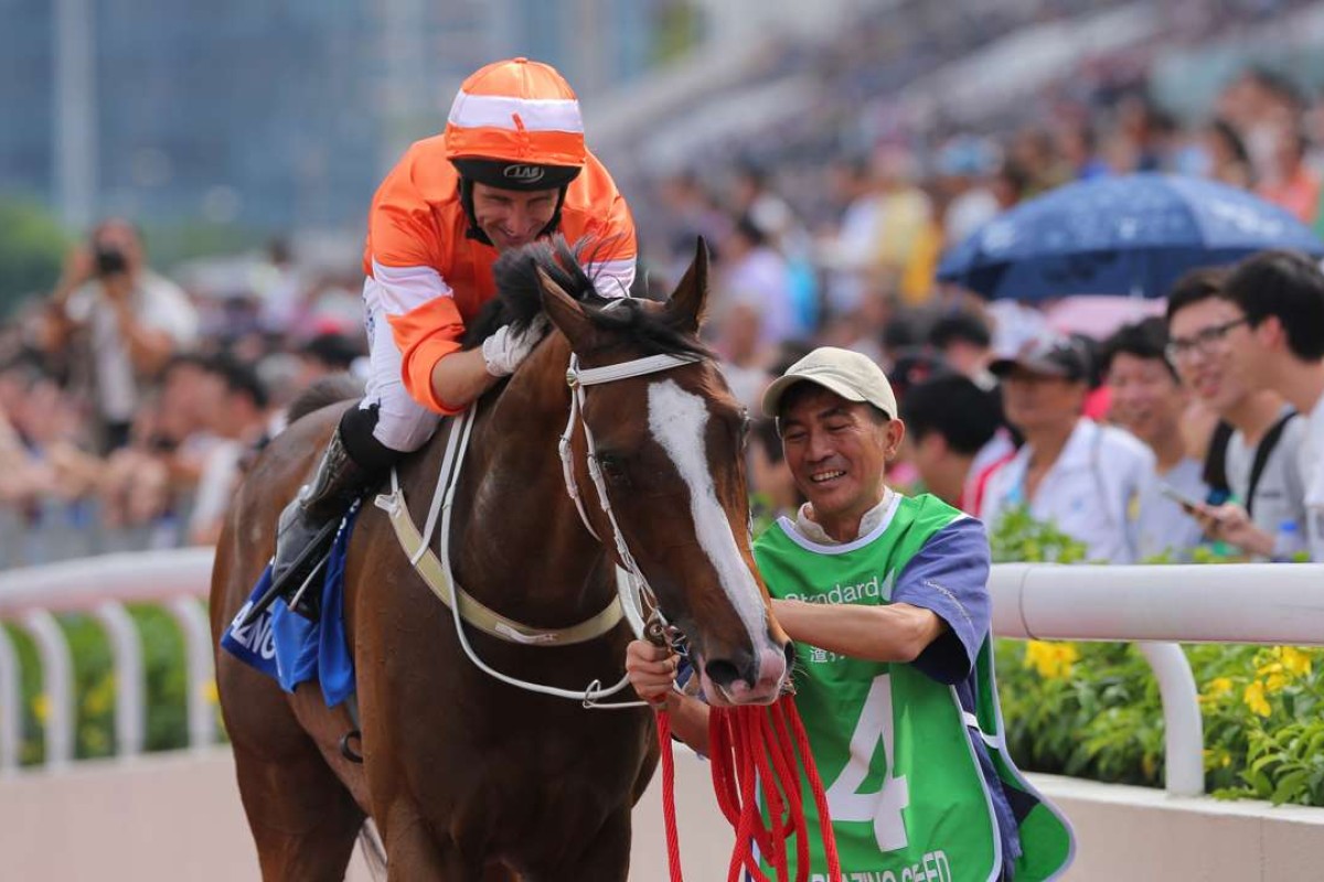 Neil Callan shows Blazing Speed some affection after winning the Group One Champions & Chater Cup. Photos: Kenneth Chan