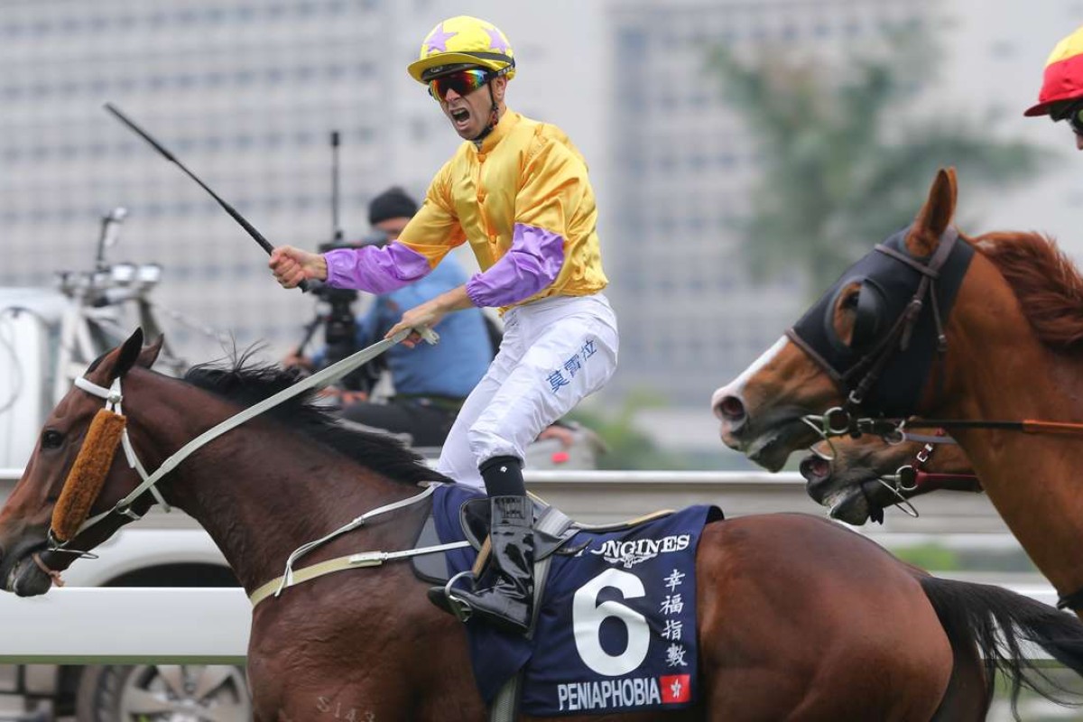 Joao Moreira screams in delights as Peniaphobia wins the 2015 Hong Kong Sprint. Photos: Kenneth Chan