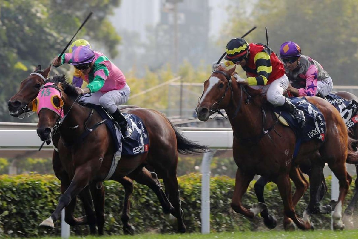 Aerovelocity and Zac Purton hold off the charging Lucky Bubbles (Brett Prebble) to win the Hong Kong Sprint. Photo: Kenneth Chan