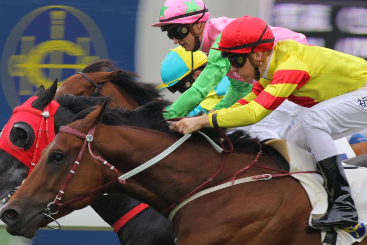 Sam Clipperton urges Booming Delight to hold off his rivals. Photos: Kenneth Chan