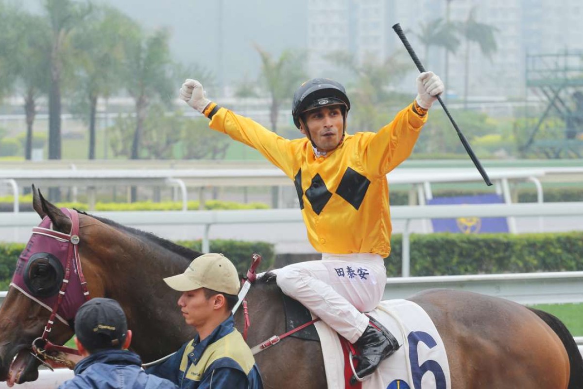 Karis Teetan celebrates his win aboard Dashing Fellow on Sunday at Sha Tin. Photos: Kenneth Chan.