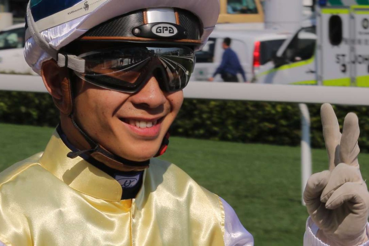 Derek Leung celebrates a double after Thor The Greatest’s victory at Sha Tin on Monday. Photos: Kenneth Chan