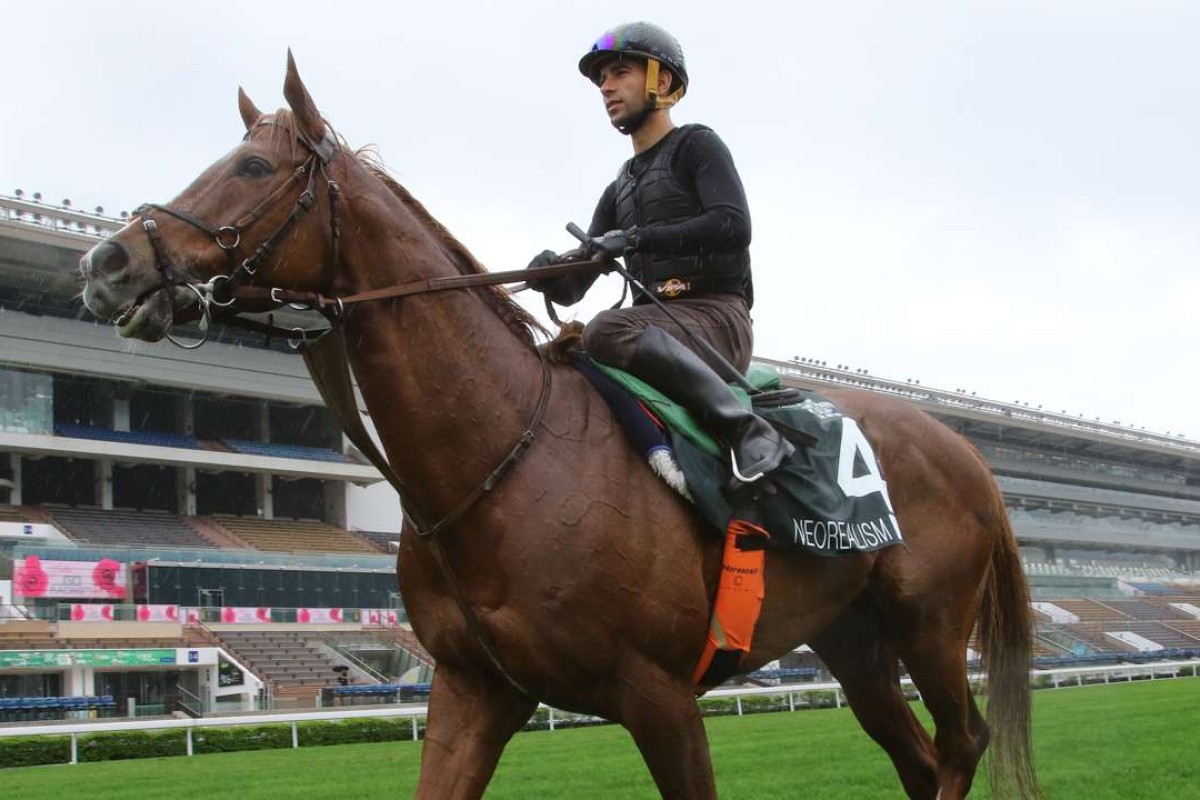 Joao Moreira takes QE II Cup contestant Neorealism back to the stables after a workout on Thursday morning. Photos: Kenneth Chan