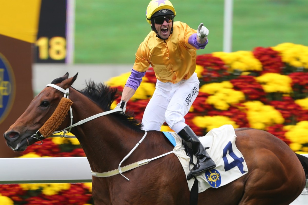 Neil Callan salutes as Peniaphobia takes out the Group Two Centenary Sprint Cup in January. Photos: Kenneth Chan