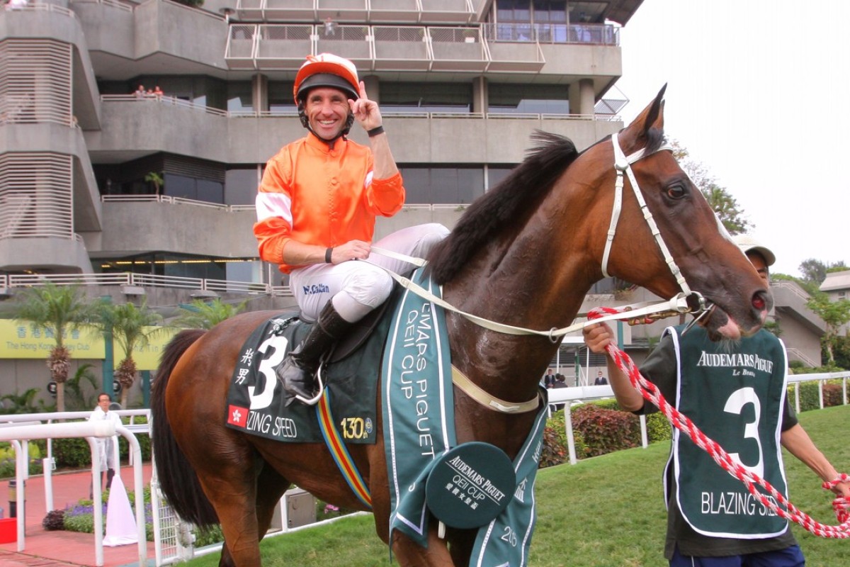 Neil Callan celebrates his win in the 2015 Audemars Piguest QEII Cup on Blazing Speed. Photos: Kenneth Chan.