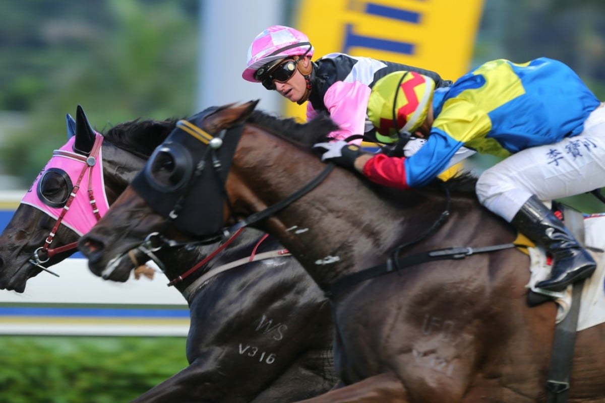 Zac Purton and Go Beauty Go narrowly beat Smiling Charm in the last race at Sha Tin on Sunday. Photos: Kenneth Chan