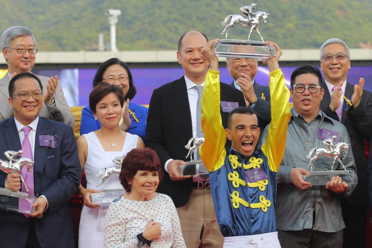 Joao Moreira celebrates his 2015-16 jockeys’ championship. Photos: Kenneth Chan.