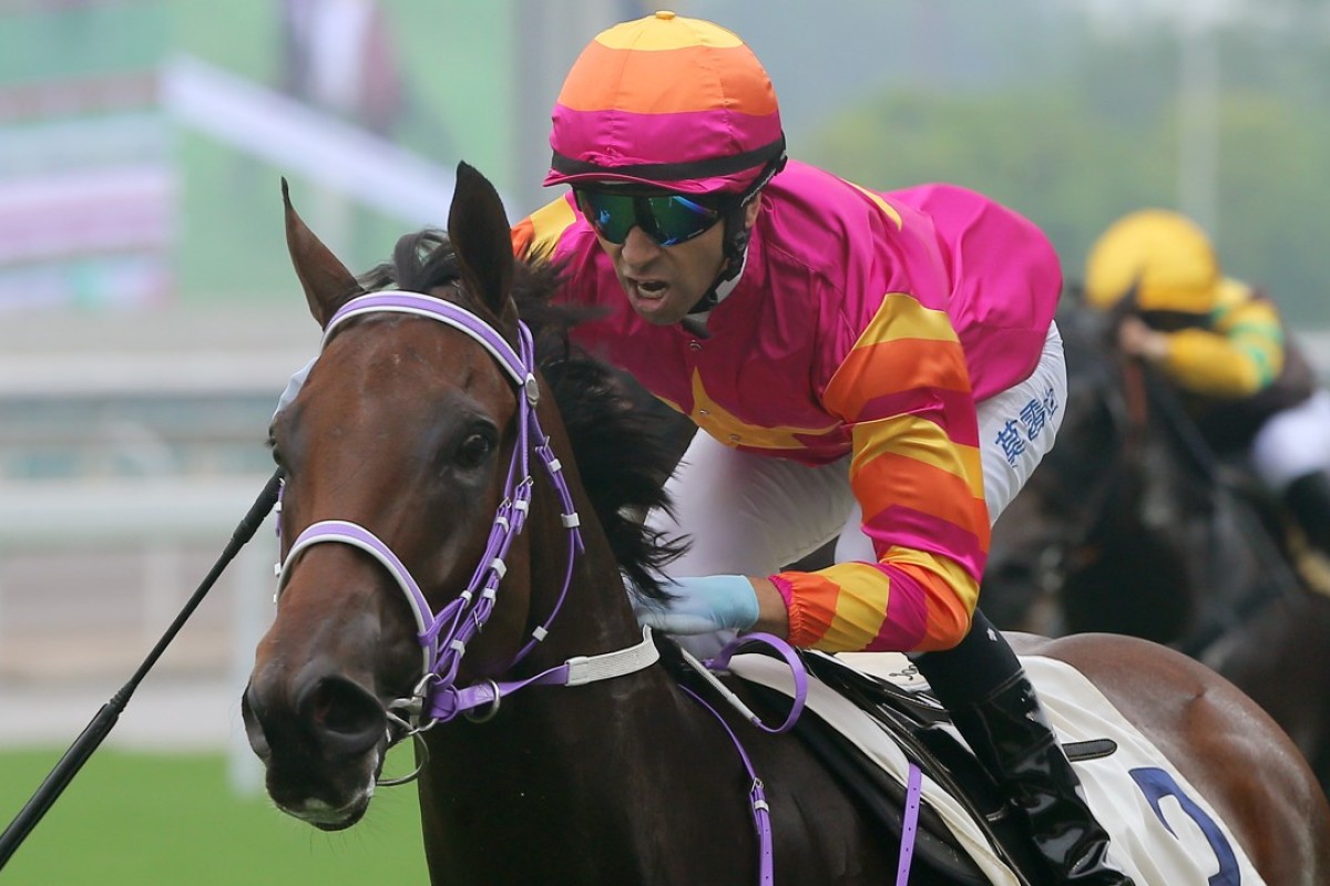 Joao Moreira encourages Top Beautiful to the winning post on Sunday. Photo: Kenneth Chan