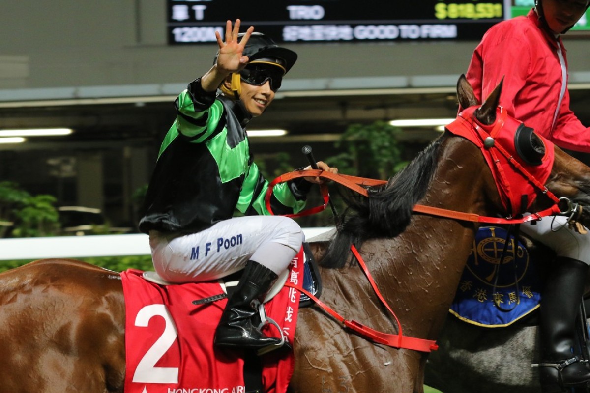 Matthew Poon celebrates his fourth winner of the night at Happy Valley. Photos: Kenneth Chan
