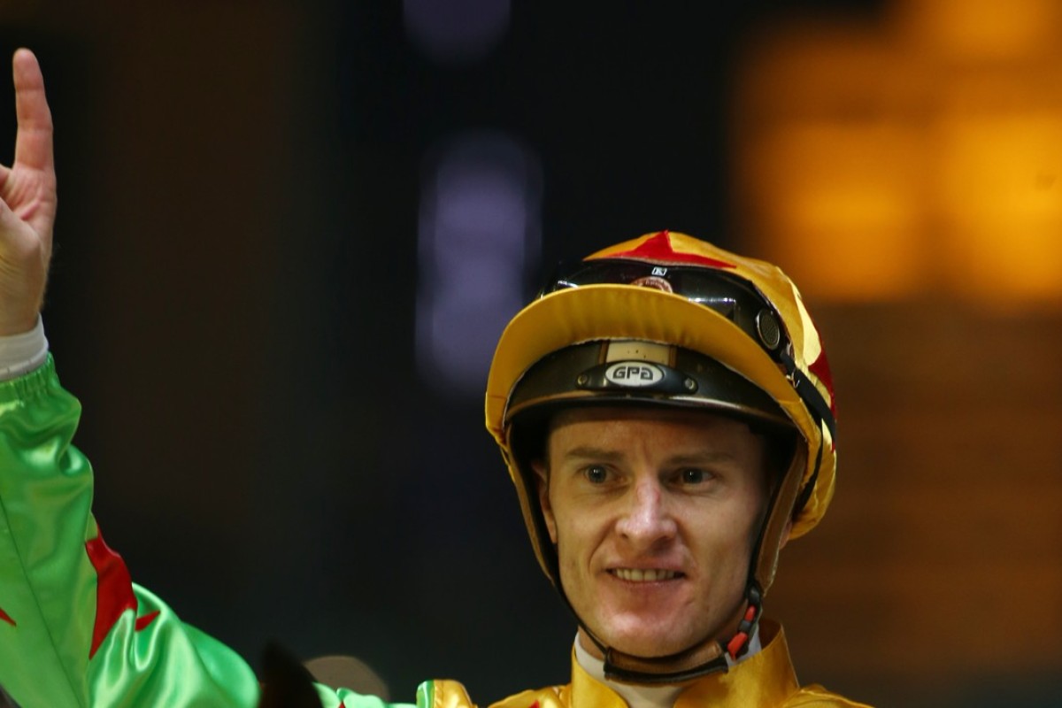 Zac Purton after another winner on Wednesday night. Photos: Kenneth Chan.