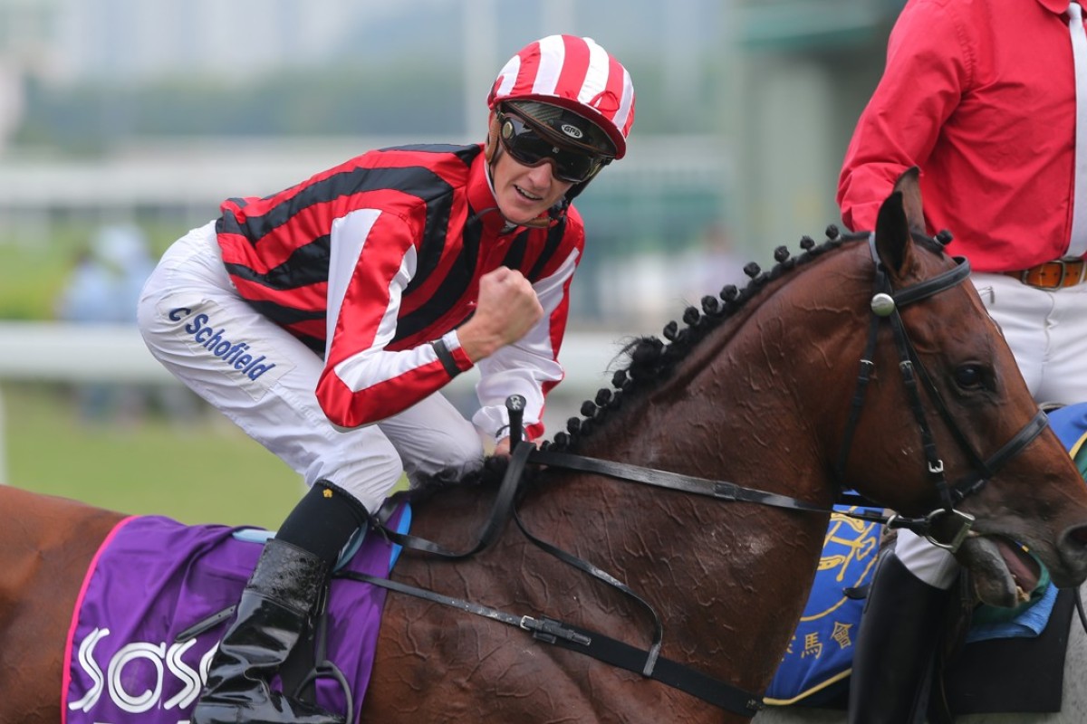 Chad Schofield pumps his fist after Nassa wins the Group Three Sa Sa Ladies’ Purse in November. Photos: Kenneth Chan