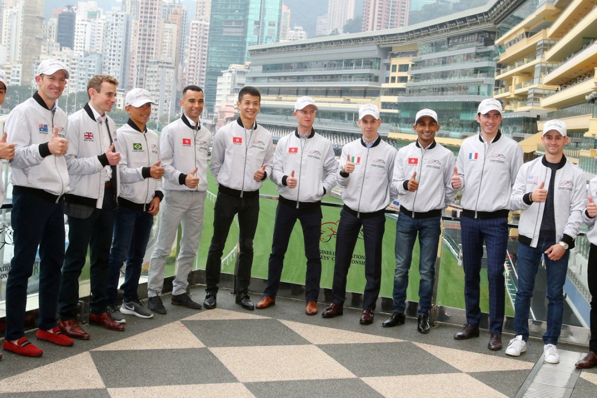 The riders competing in the 2017 International Jockeys’ Championship congregate at Happy Valley. Photos: Kenneth Chan