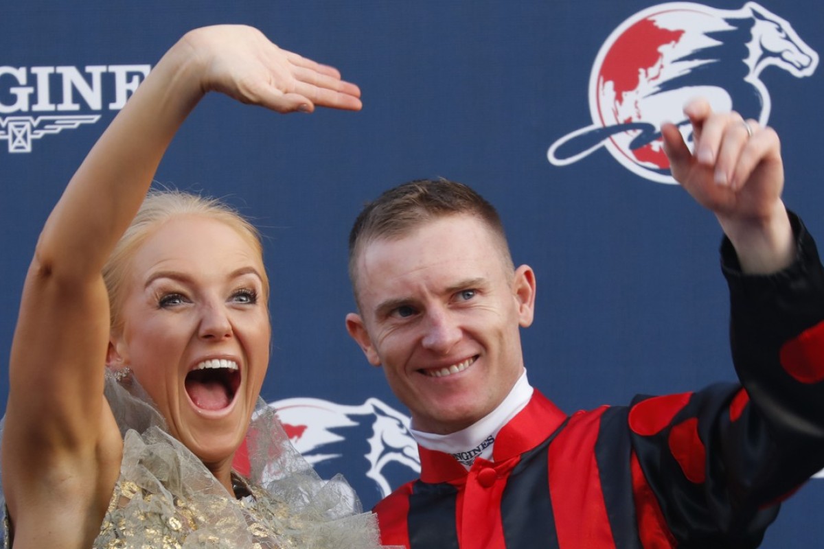 Zac Purton and wife Nicole celebrate after Time Warp’s victory in the Hong Kong Cup. Photo: Kenneth Chan