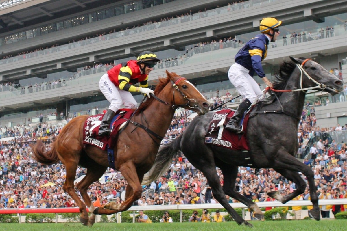Chautauqua (Tommy Berry) wins the 2016 Chairman's Sprint Prize at Sha Tin, a leg of the Global Sprint Challenge. Photo: Kenneth Chan