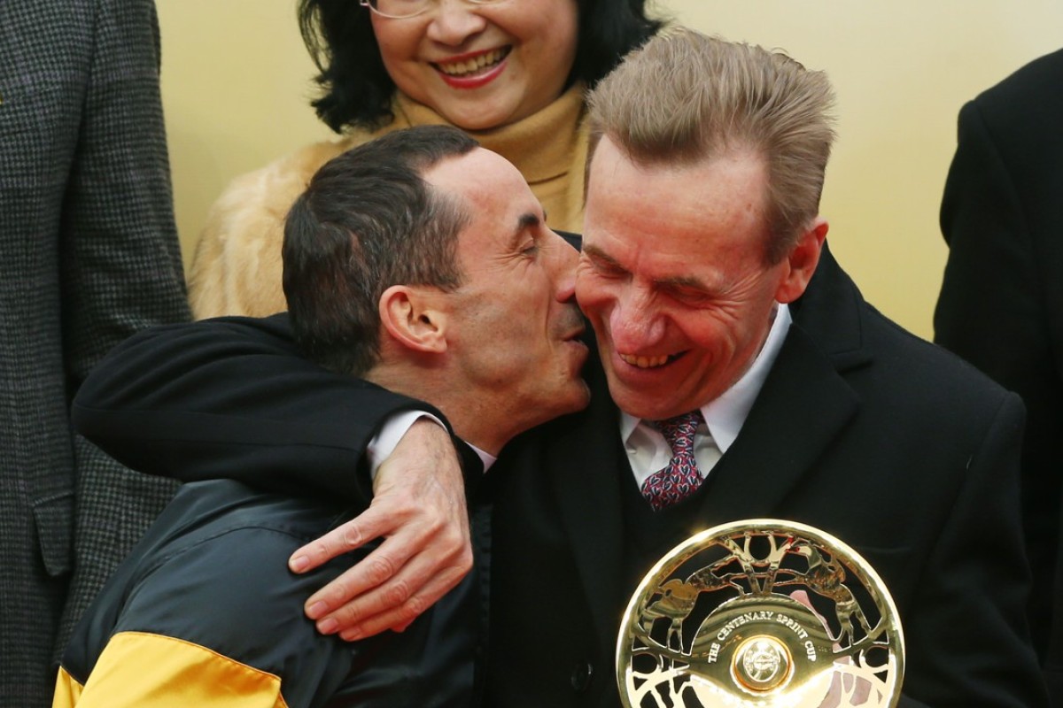 Olivier Doleuze plants a kiss on John Size’s cheek after winning the Group One Centenary Sprint Cup with D B Pin. Photos: Kenneth Chan