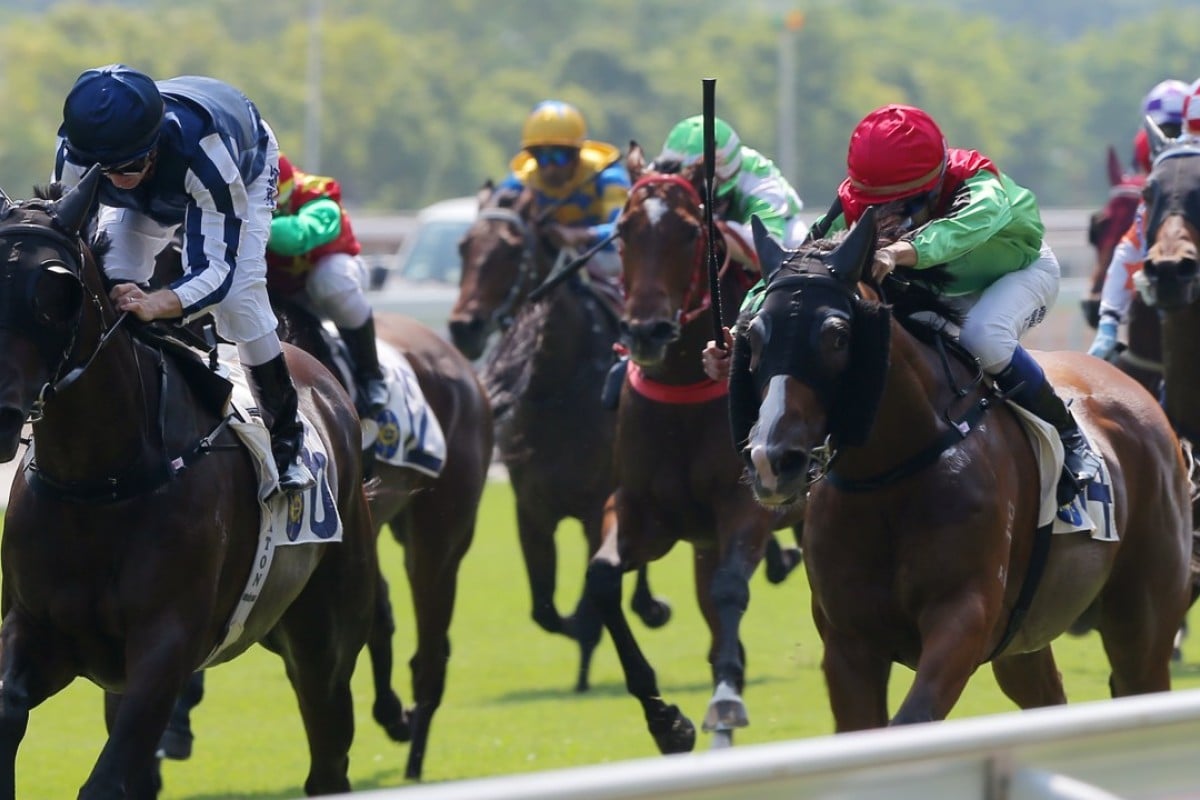 Zac Purton (left) guides Lucky Time to victory in October. Photos: Kenneth Chan