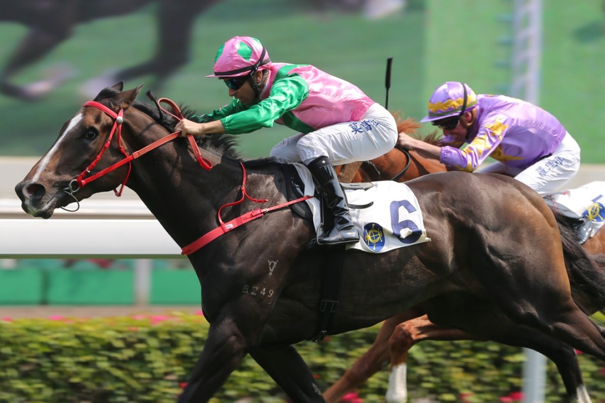 Joao Moreira guides Aerohappiness to victory on debut. Photos: Kenneth Chan