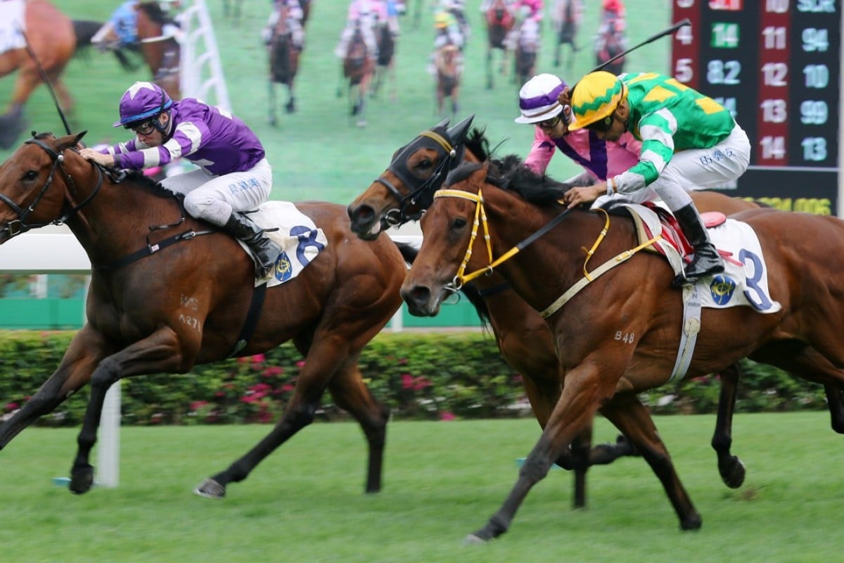 Strathspey (left) finishes second to Namjong Plus on Sunday. Photo: Kenneth Chan