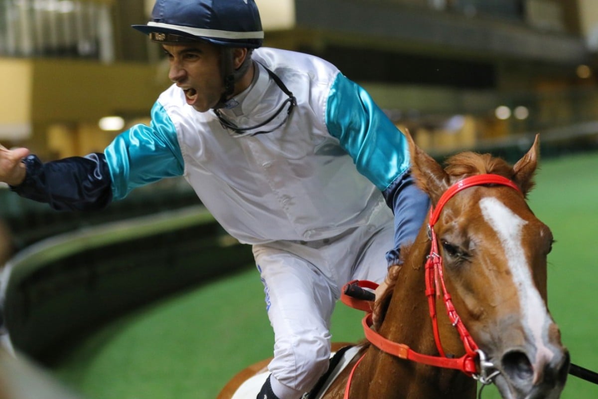 Joao Moreira celebrates his win aboard Gunnison. Photo: Kenneth Chan