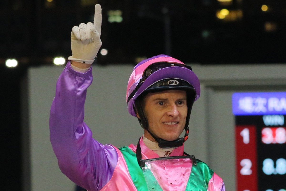 Zac Purton celebrates one of his four winners at Happy Valley on Wednesday night. Photos: Kenneth Chan