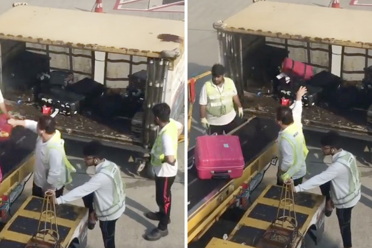 Airport staff throw passengers' luggage into a cart at Hong Kong airport. Photo: Facebook