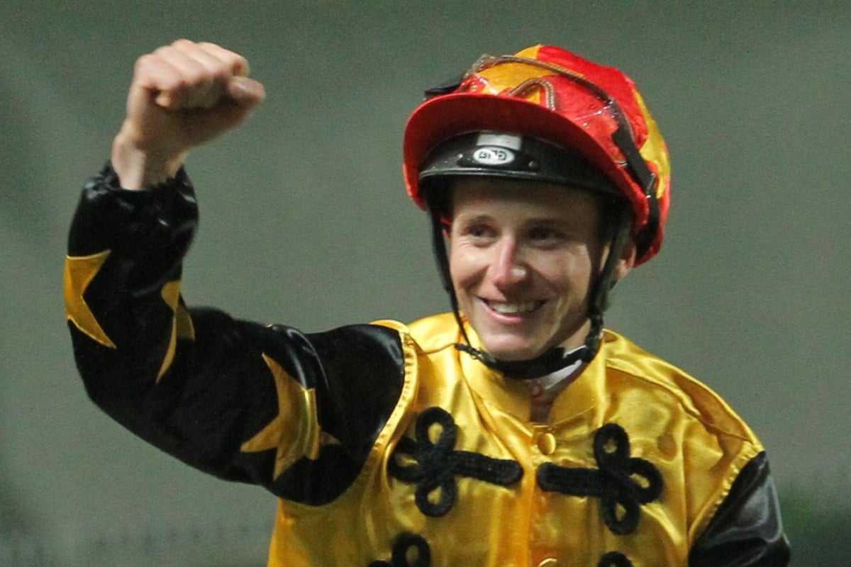 James McDonald celebrates a win during the 2014 International Jockeys’ Championship at Happy Valley. Photos: Kenneth Chan