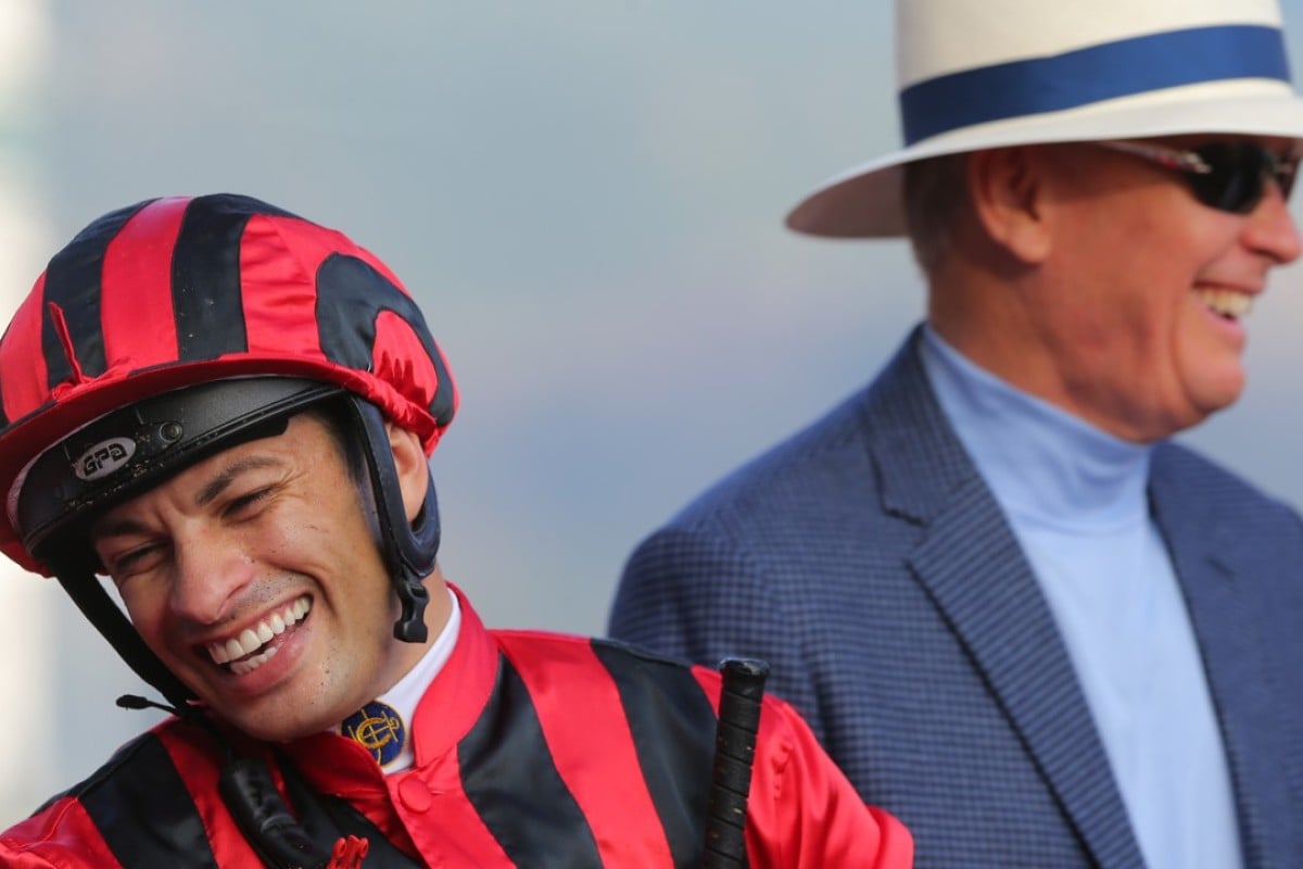 Jockey Silvestre de Sousa and trainer John Moore share a laugh after combining for a winner last week. Photos: Kenneth Chan