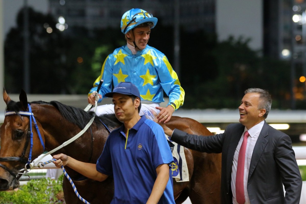 Jockey Sam Clipperton and trainer Caspar Fownes celebrate E Master’s win earlier this season. Photos: Kenneth Chan