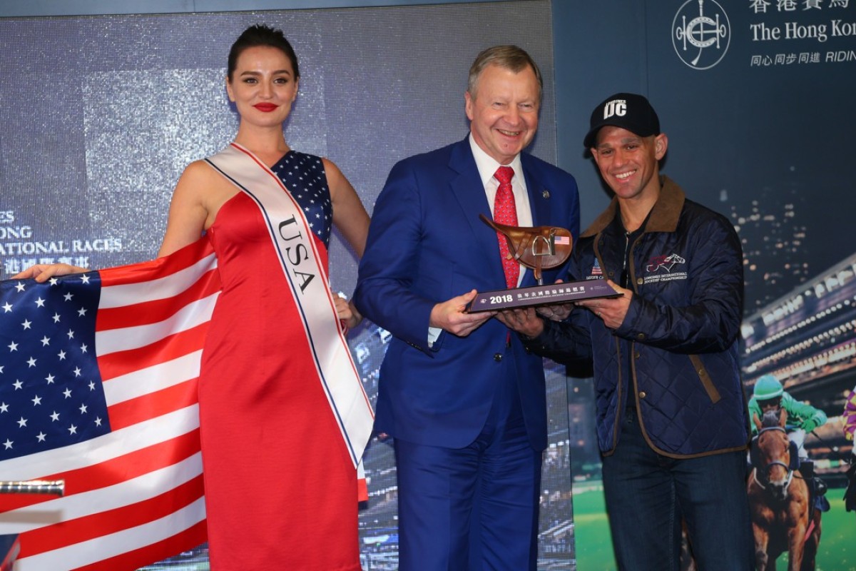 Javier Castellano gets presented with a commemorative saddle at the launch of the International Jockeys’ Championship at Happy Valley on Tuesday. Photos: Kenneth Chan