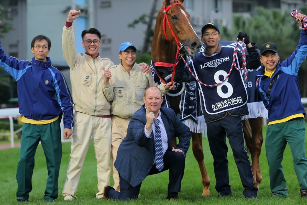 Australian Kelly Doobs poses with Glorious Forever and trainer Frankie Lor’s staff at Sha Tin last Sunday. Photo: Kenneth Chan