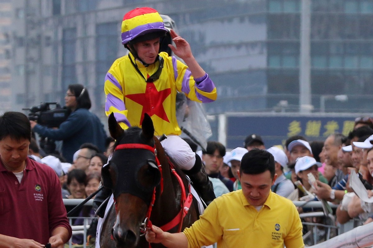 Ryan Moore returns to scale after winning last year’s Hong Kong Derby on Ping Hai Star for trainer John Size. Photos: Kenneth Chan
